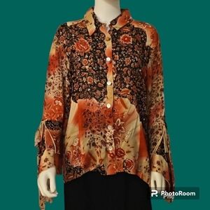 VTG SADDLE RIDGE Orange Floral Rose Chiffon Flare Sleeve Button Down Shirt
